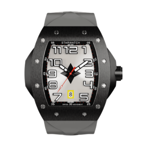 montre tonneau noire en acier pour homme avec bracelet de montre en caoutchouc gris
