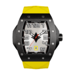 montre tonneau noire en acier pour homme avec bracelet de montre en caoutchouc jaune