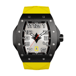 montre tonneau noire en acier pour homme avec bracelet de montre en caoutchouc jaune