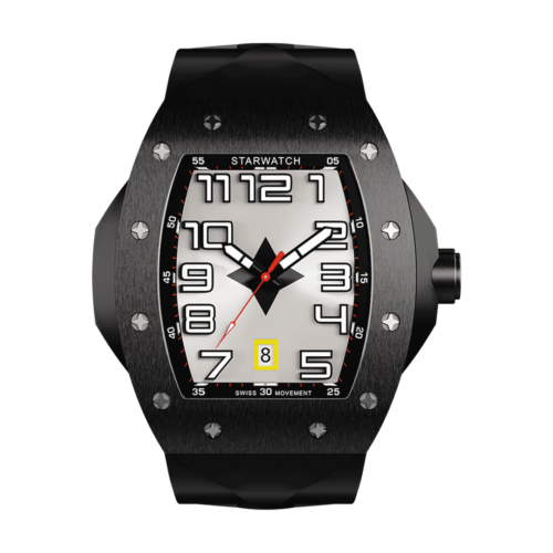 montre tonneau noire en acier pour homme avec bracelet de montre en caoutchouc noire