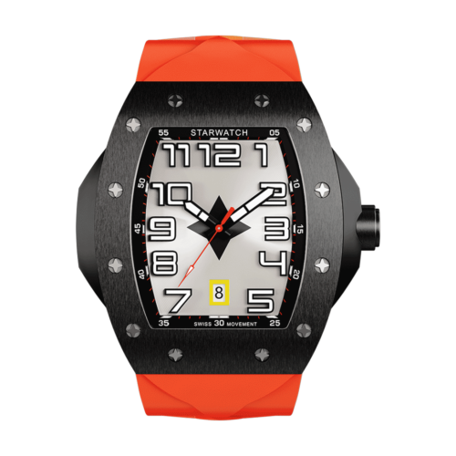 montre tonneau noire en acier pour homme avec bracelet de montre orange