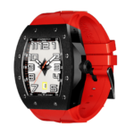 montre tonneau noire en acier pour homme avec bracelet de montre rouge vue de côté
