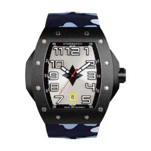 montre tonneau noire en acier pour homme avec bracelet de montre bleu miami