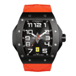 montre tonneau noire en acier avec bracelet de montre en caoutchouc orange