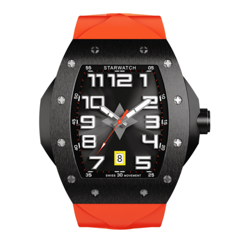 montre tonneau noire en acier avec bracelet de montre en caoutchouc orange