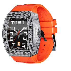 Montre tonneau diamant pour homme avec bracelet de montre orange vue de côté