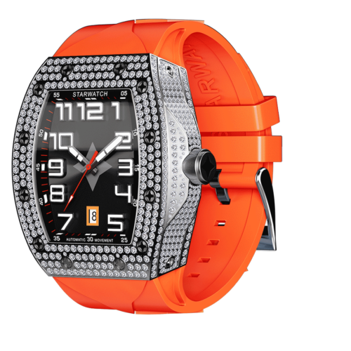 Montre tonneau diamant pour homme avec bracelet de montre orange vue de côté